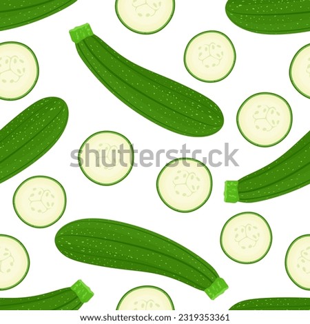 Seamless pattern with whole zucchini and zucchini cut slices on white background. Endless or repeated texture. Natural vegetarian fresh courgette or baby marrow. Flat vector illustration