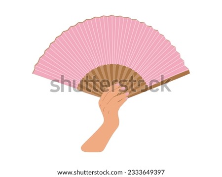 Woman's hand holding a pink fan isolated. Flat illustration Chinese, Japanese traditional hand fan. Paper fan or paper folding hand fan in flat style. Vector illustration