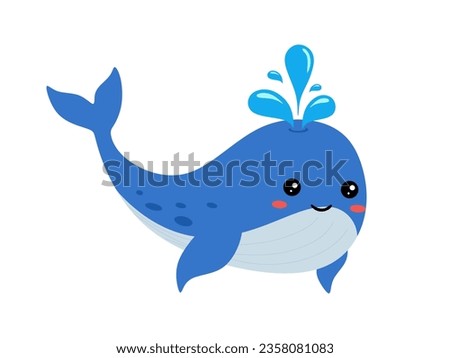 Cute vector whale. Marine mammal with streamlined hairless body. Beautiful cartoon whale with happy face isolated on white background. Marine animal, underwater blue whale. flat Vector illustration
