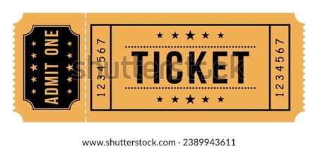 Vector Ticket with one stub rip line. Cinema ticket isolated on white background. Template minimal design for entertainment show, event, boarding pass, cinema, theatre and concert. Vector illustration