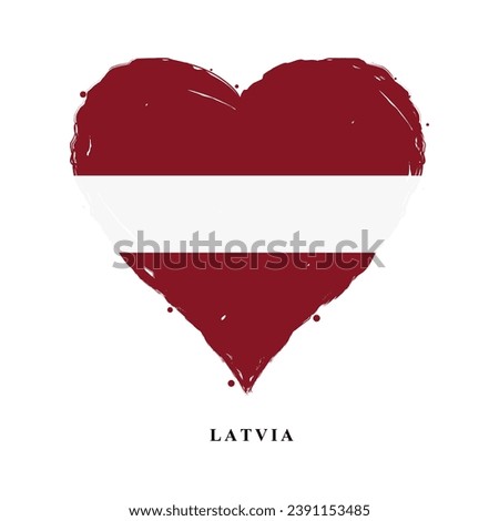Vector Latvia flag in heart shape with grunge texture. Heart shaped Latvia flag isolated on white background. Beautiful design country flag for banner, poster, sticker, print. Vector illustration