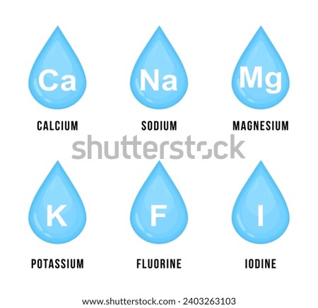 Set of microelements in water. Blue drops with mineral designations. Isolated drops of healthy clean water. Wide range of useful elements calcium, sodium, magnesium, potassium, fluorine, iodine.Vector