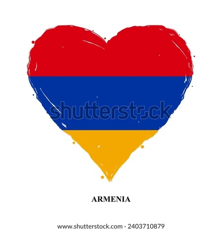 Vector Armenia flag in heart shape with grunge texture. Heart shaped Armenian flag isolated on white background. Beautiful design country flag of Armenia for banner, poster, sticker, print. Vector