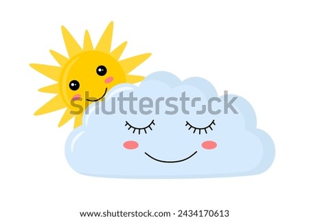 Sun behind cloud, fun characters in kawaii style. The sun comes out from behind the clouds. Colored flat illustration of cloudy weather isolated on white background. Sunrise vector illustration