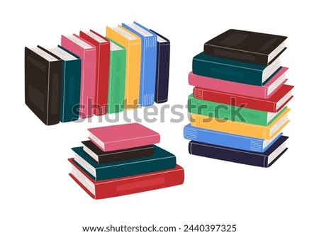 Book vector collection. Stack of books, books standing vertical. Colorful various books isolated on white background. World book day concept. Hand drawn educational elements. Flat vector illustration