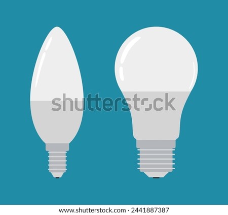 Led lamps and energy saving light bulbs. Set of two bulbs different shape for electric lighting. Flat illustration of led bulbs isolated on blue background. Colored flat vector illustration