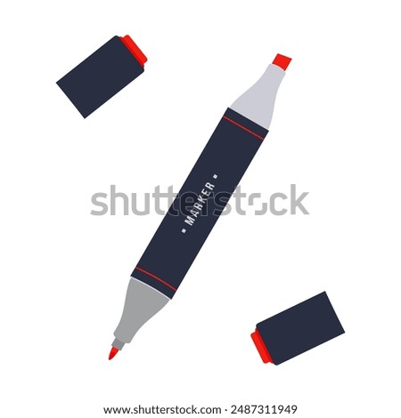 Vector red marker, open highlight pen with caps. Highlighter for underlining, marking text and calligraphy art. Colorful marker pen or felt-tip isolated on white background. Flat vector illustration