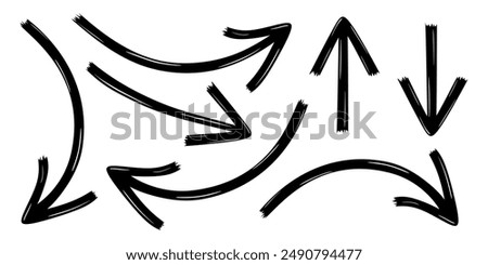 Set of marker drawn arrows. Hand drawn black pointers, arrow icons isolated on white background. Direction elements, curve brush strokes. Different curved arrows. Marker drawing. Vector illustration