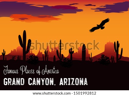 Vector drawing. Panama Grand Canyon. Evening sky with a soaring eagle. Arizona