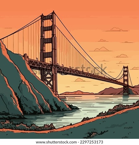 Flat multicolored illustration with the Golden Gate Bridge at sunset background. For your design