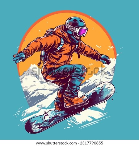 Drawing of a snowboarder riding on the background of mountains and sunset. For your design
