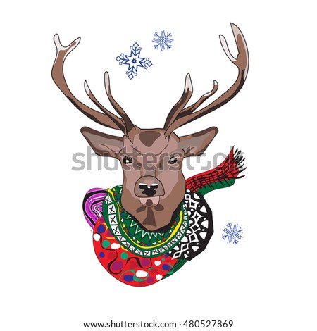 Deer Head With A Colorful Scarf Round The Neck On White Background ...