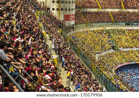 MILAN, ITALY - JUNE 02: 80.000 people waiting to attend the Pope mass at San Siro stadium of Milan. June 02, 2012.