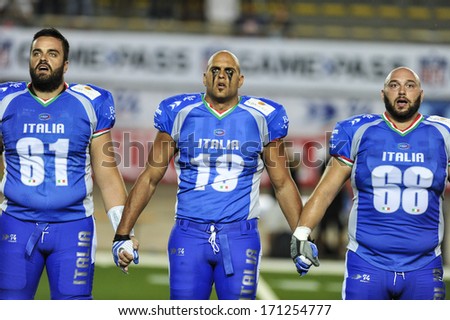 MILAN, ITALY - AUGUST 31: Italian players singing national anthem before the American Football match vs Spain, valid for the European Cup, Milan, August 31,2013.