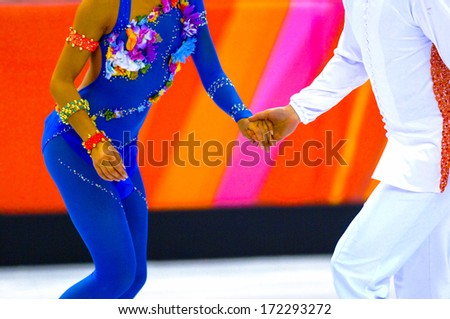 TURIN, ITALY - MARCH 28: Couple dancing during Figure Ice Skating competition of the  Winter Olympic Games in Turin, March 28, 2006.