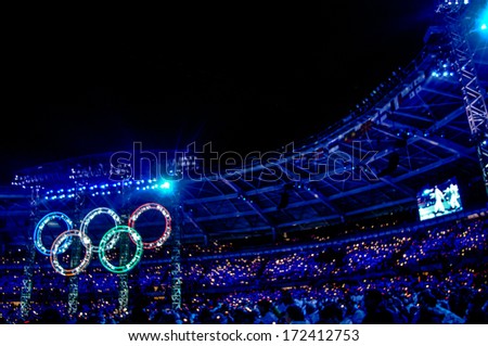 TURIN, ITALY - MARCH 28: The Olympic rings are illuminated during the Opening Cerimony of the Winter Olympic Games in Turin March 28, 2006.