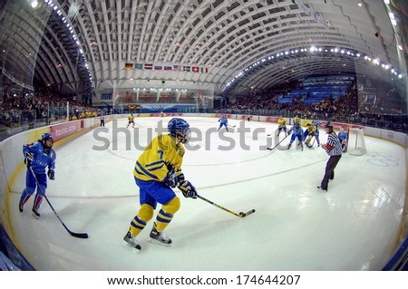 TURIN, ITALY-FEBRUARY 14, 2006: Panoramic view of the ice skating rink during the Female Ice Hockey match Italy vs Sweden, at the Winter Olympic Games of Turin 2006.