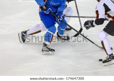TURIN, ITALY-FEBRUARY 18, 2006: Male Ice Hockey match Italy vs Germany at the Winter Olympic Games of Turin 2006.