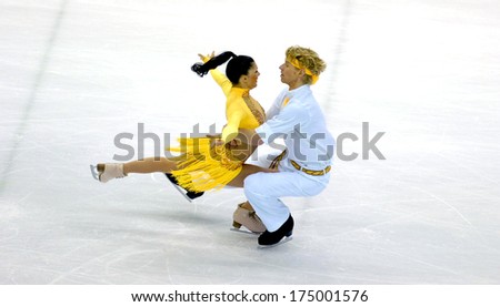 TURIN, ITALY-FEBRUARY 20, 2006: Isabel Delobel and Olivier Shoenfelder competing during the Couple Figure Ice Skating during the Winter Olympic Games of Turin 2006.