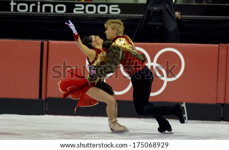 TURIN, ITALY-FEBRUARY 21, 2006: Isabel Delobel and Olivier Shoenfelder competing  on the Couple Figure Ice Skating\'s final during the Winter Olympic Games of Turin 2006.