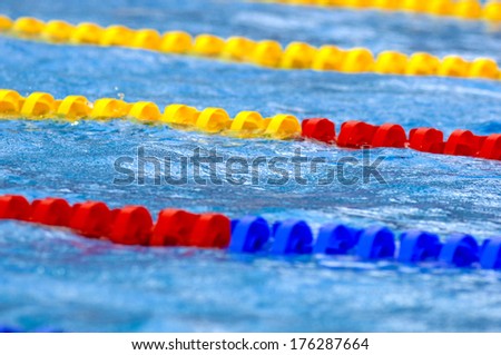 BUDAPEST, HUNGARY-AUGUST 06, 2006: Swimming pool colorful lanes during a swim race of the European Swimming Championship in Budapest.