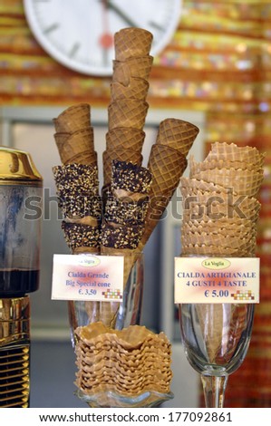 MILAN, ITALY-OCTOBER 11, 2006: ice cream waffle cones with prices list.