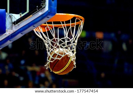 MILAN, ITALY-NOVEMBER 15, 2006: Basket ball enters the hoop during a professional match of the Italian Basketball League.