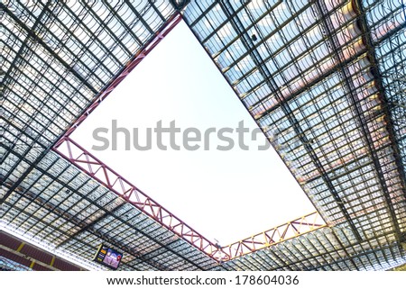 MILAN, ITALY-FEBRUARY 23, 2014: Panoramic view of the San Siro stadium\'s rooftop during the Italian Serie A soccer match FC Internazionale vs Cagliari.