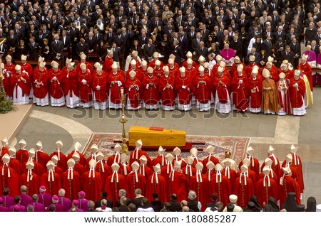 ROME, ITALY-APRIL 08, 2005:  Cardinals and International political audience, stand by the coffin of Pope John Paul II during his funeral in St. Peter square, Vatican City.