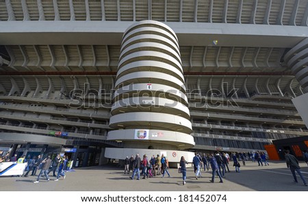 MILAN, ITALY-MARCH 09, 2014: San Siro soccer stadium seen from outside, before a Serie A soccer match, in Milan.