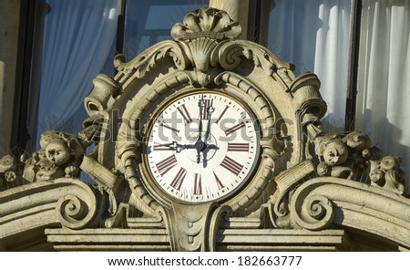 MILAN, ITALY-MARCH 17, 2014: Vintage clock of the historical Unicredit Bank building, in Piazza Cordusio, downtown Milan.
