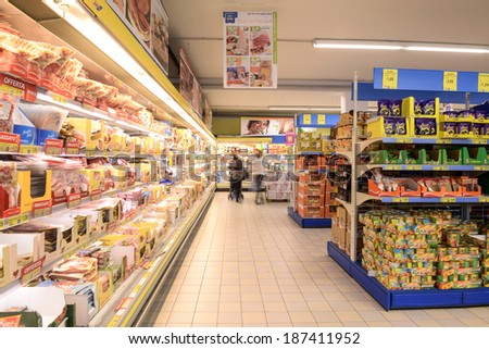 VARESE, ITALY-APRIL  11, 2014: Packaged food in a supermarket shelves, in Varese.