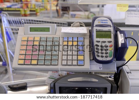 VARESE, ITALY-APRIL 11, 2014: Supermarket cash register, in Varese.