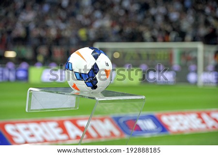 MILAN, ITALY-MAY 04, 2014: Nike offficial soccer ball of the Italian Serie A soccer league, before a soccer match at the San Siro stadium, in Milan.