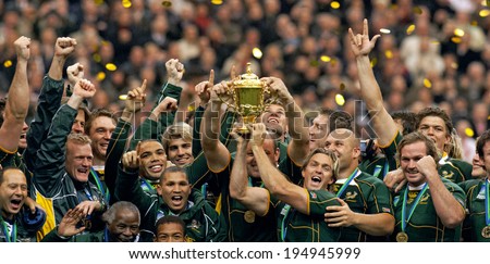 PARIS, FRANCE-OCTOBER 21, 2007:  south africa rugby players celebrate holding Web Ellis Cup, at the end of the final England vs South Africa, of the Rugby World Cup, France 2007, in Paris