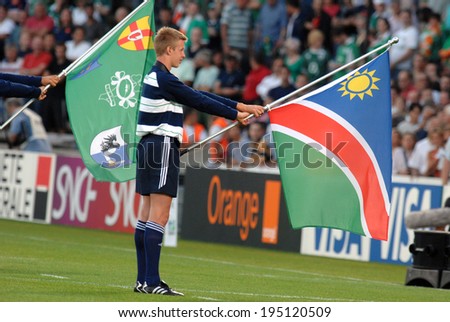 BORDEAUX, FRANCE-SEPTEMBER 09, 2007: irish and namibian flags, during the match Ireland vs Namibia, of the Rugby World Cup, France 2007, in Bordeaux.