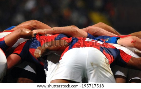 SAINT-ETIENNE, FRANCE-SEPTEMBER 27, 2007: USA rugby players scrum during the rugby match USA vs Samoa, of the Rugby World Cup, France 2007, in Saint-Etienne.