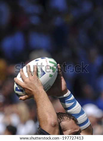 MARSEILLE, FRANCE-SEPTEMBER 08, 2007: rugby player holding the rugby ball during the rugby match Italy vs New Zealand, during the Rugby World Cup of France 2007, in Marseille.