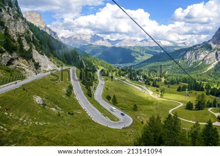 COLFOSCO, ITALY AUGUST-07, 2014: Dolomites landscape of the mountain road to Val Badia, in Colfosco.