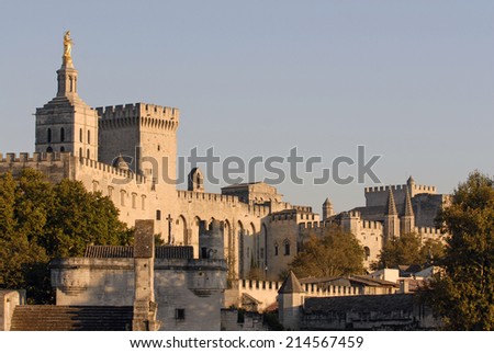 AVIGNON, FRANCE-APRIL 01, 2005: the gothic architecture of the Popes Palace seen at the sunset, in Avignon.