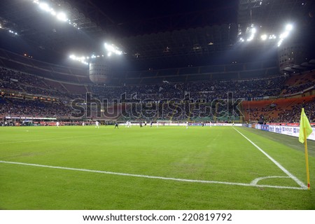 MILAN, ITALY-SEPTEMBER 24,2014:  panoramic view of San Siro stadium at night, during a serie A match FC Internazionale vs Atalanta, in Milan.