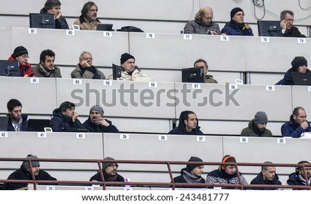 MILANO, ITALY-JANUARY 11, 2015: sports journalists on the press area of san siro stadium watching the italian serie A soccer match FC Internazionale vs Genoa CFC, in Milan.