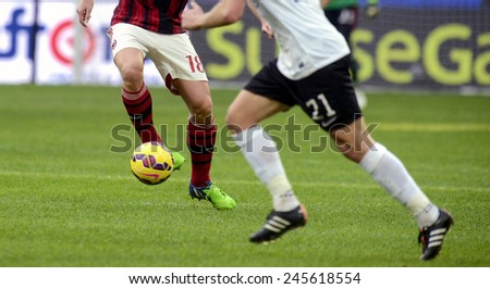 MILAN, ITALY-JANUARY 18, 2015: close up of soccer players in action during the italian serie A soccer match AC Milan vs Atalanta, in Milan.
