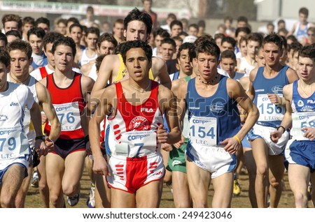 SAN GIORGIO SU LEGNANO-ITALY-FEBRUARY 15, 2005: youth male runners start at the cross country run race Campaccio, in San Giorgio su Legnano.