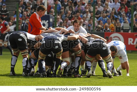 ROME, ITALY-MARCH 15, 2008: rugby players scrum during the Six Nations rugby tournament match Italy vs Scotland, in Rome.
