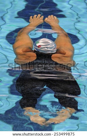 EINDHOVEN, HOLLAND-MARCH 22, 2008: male swimmer under water during a back stroke race of the European Swimming Championship, in Eindhoven.