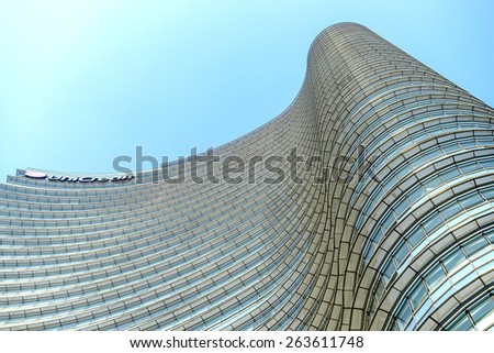 MILAN, ITALY-MARCH 23, 2015: Unicredit skyscraper tower seen from the bottom, in Milan.