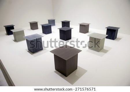 MILAN, ITALY-APRIL 17, 2015: furniture exposition of japanese design brand Nendo, during the international design week, Salone del Mobile and Fuori Salone, in Milan.