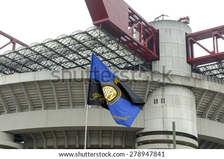 MILAN ,ITALY-MAY 03, 2015: FC Internzionale soccer club\'s flag waving outside  the San Siro soccer stadium, in Milan.