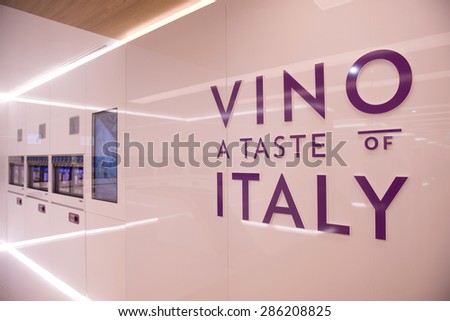 MILAN, ITALY-JUNE 05, 2015: italian wine displayed in modern interior windows design at EXPO 2015, in Milan.